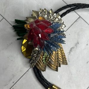 Black Leather Goldtone Crystal Beaded Adjustable Bolo Tie